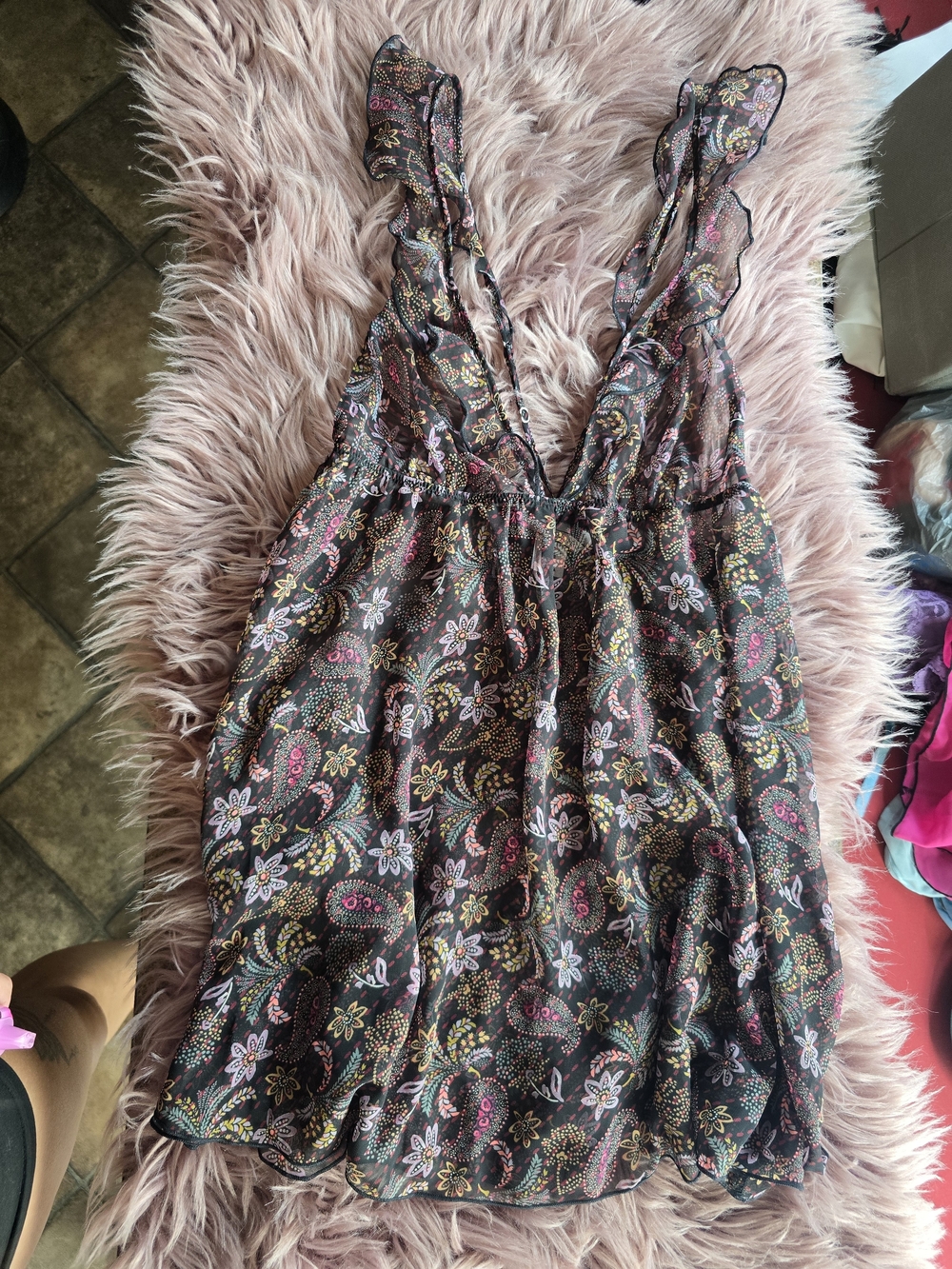 Victoria's Secret Black Floral Paisley Chemise with Pink and Yellow Accents